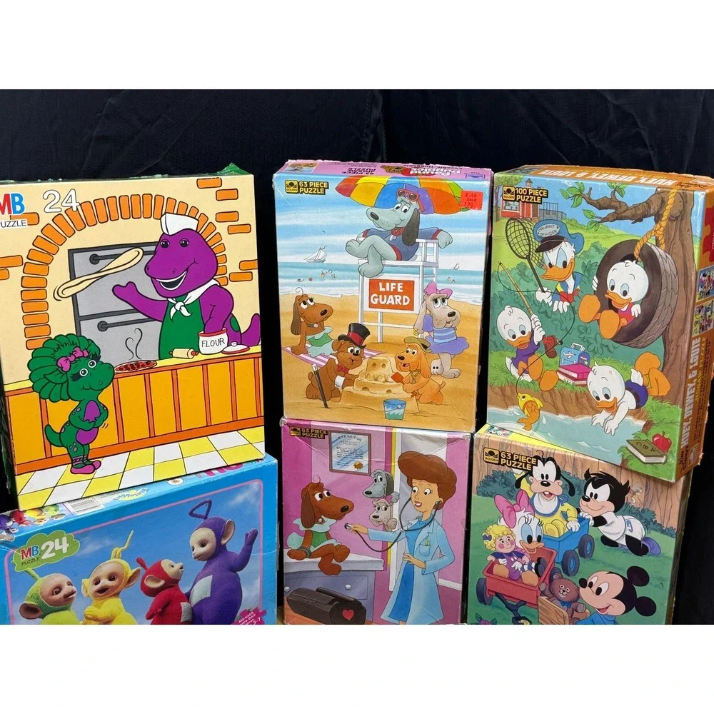 Vintage Children's Jigsaw Puzzle 9pc Lot 1980's Barney Hulk Pound Puppies Disney